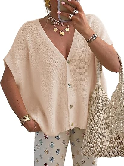 Womens Summer Oversized Cardigans Batwing Short Sleeve Lightweight Button V Neck Casual Knit Sweater Tops