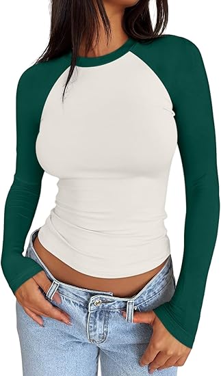 Women's Long Sleeve Shirts Slim Fit Stretchy Color Block Slightly Cropped Tops