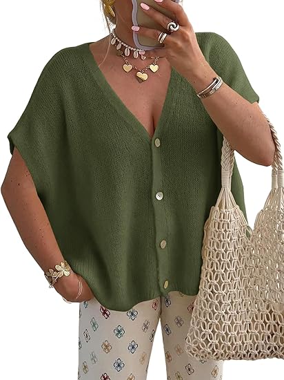 Womens Summer Oversized Cardigans Batwing Short Sleeve Lightweight Button V Neck Casual Knit Sweater Tops