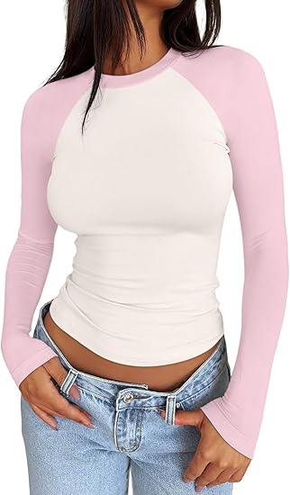 Women's Long Sleeve Shirts Slim Fit Stretchy Color Block Slightly Cropped Tops
