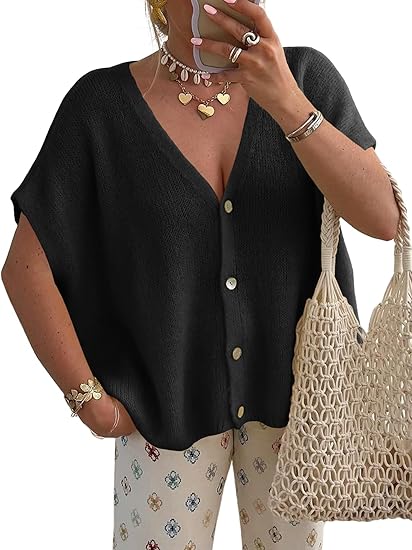 Womens Summer Oversized Cardigans Batwing Short Sleeve Lightweight Button V Neck Casual Knit Sweater Tops