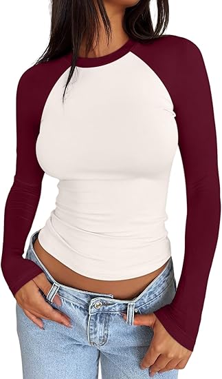 Women's Long Sleeve Shirts Slim Fit Stretchy Color Block Slightly Cropped Tops