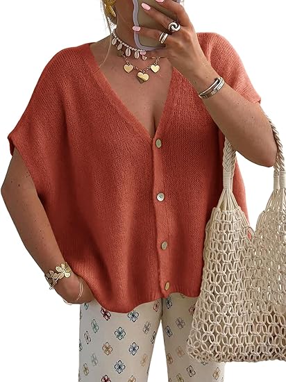 Womens Summer Oversized Cardigans Batwing Short Sleeve Lightweight Button V Neck Casual Knit Sweater Tops