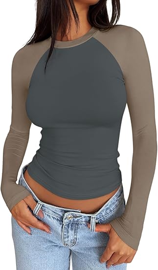 Women's Long Sleeve Shirts Slim Fit Stretchy Color Block Slightly Cropped Tops